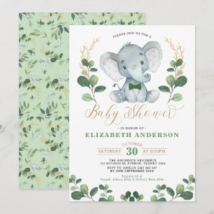 Invitation Little Man Elephant Green Gold Boy Baby shower