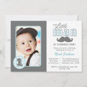 Invitation Little Man First Birday Mustache Blue Grey Photo (Devant)