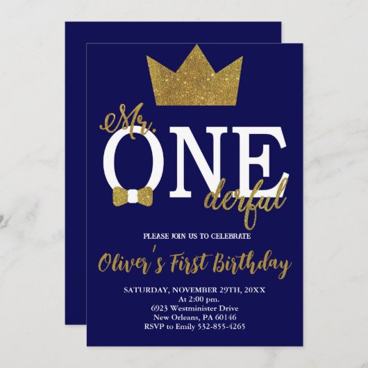 Invitation Little Man, Mr One-derful Birthday, Navy & Gold (Devant / Derrière)