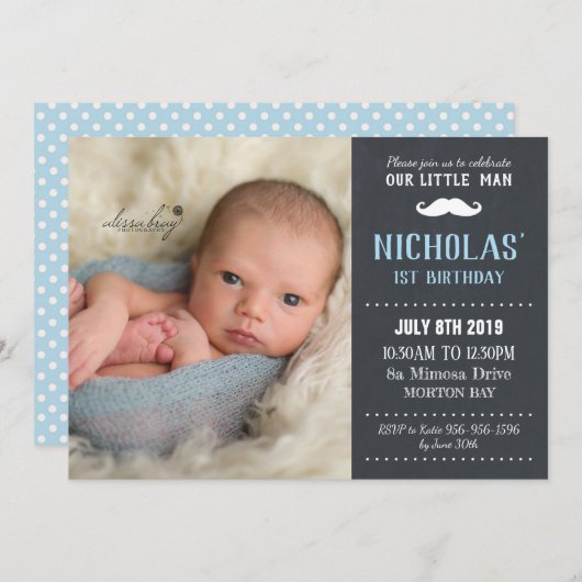 Invitation Little Man Mustache 1er Birthday Boy Chalkboard (Devant / Derrière)