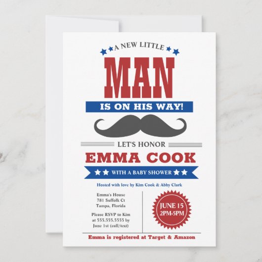 Invitation Little Man Mustache Bash Boy Baby shower rouge ble (Devant)