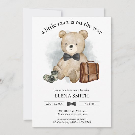 Invitation Little Man Way Teddy Bear Tux Bow Cravate Baby sho (Devant)