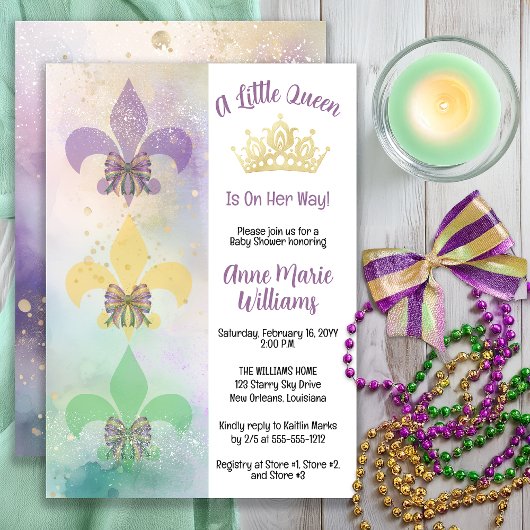 Invitation Little Mardi Gras Queen Fleur de Lis Baby Shower