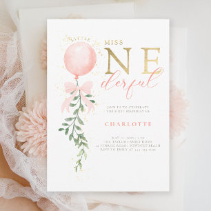Invitation Little Miss Blush Bow Balloon 1er fête d'anniversa