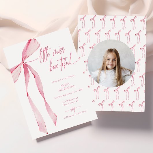 Invitation Little Miss Bowtiful Pink Photo Anniversaire