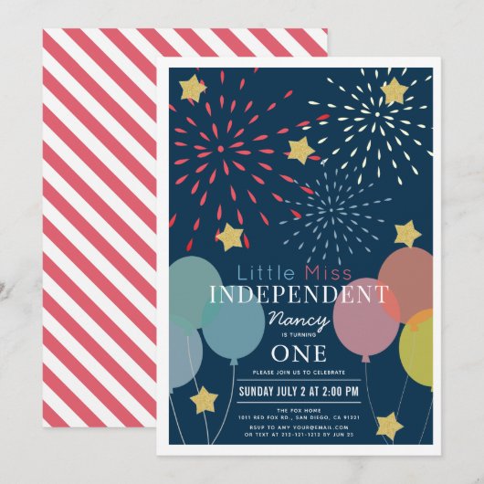 Invitation Little Miss Independent Fireworks Balloon Annivers (Devant / Derrière)