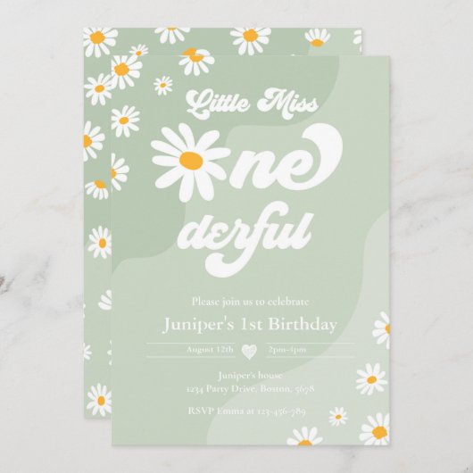 Invitation Little Miss ONEderful 1er anniversaire Boho Daisy (Devant / Derrière)