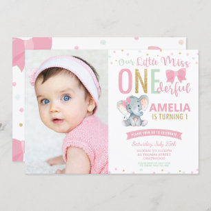 Invitation Little Miss ONEderful 1st Birthday Elephant Photo