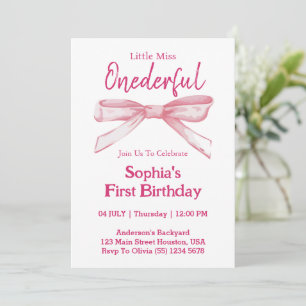 Invitation Little Miss ONEDERFUL Fille au Nœud Rose 1er Anniv