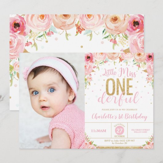 Invitation Little Miss Onederful Floral 1er Anniversaire Phot (Devant / Derrière)