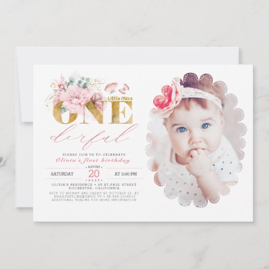Invitation Little Miss ONEderful Gold 1st Birthday Photo (Devant)