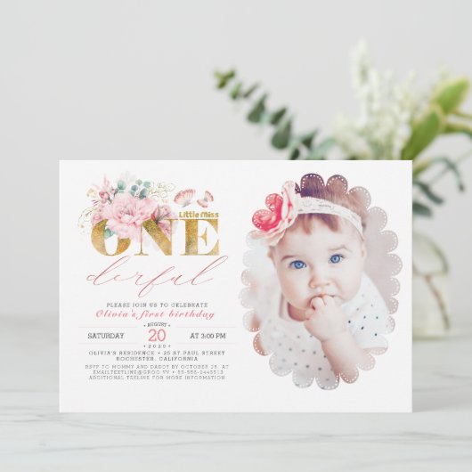 Invitation Little Miss ONEderful Gold 1st Birthday Photo (Debout devant)