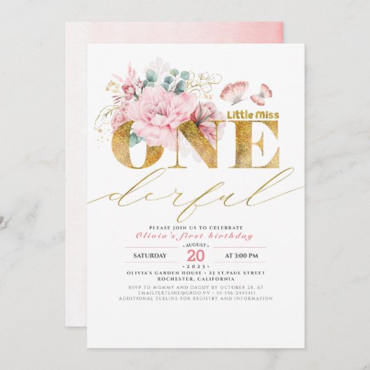 Invitation Little Miss ONEderful Gold Parties scintillant 1er (Devant / Derrière)
