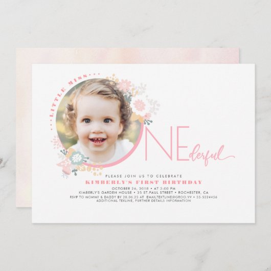Invitation Little Miss ONEderful mignonne 1er anniversaire Ph (Devant / Derrière)