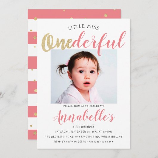 Invitation Little Miss Onederful Photo 1er anniversaire (Devant / Derrière)