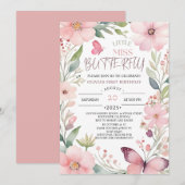 Invitation Little Miss papillon Rose Floral 1er anniversaire (Devant / Derrière)