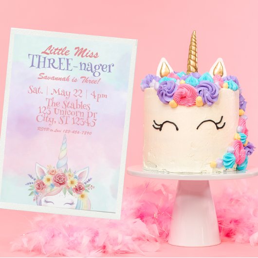 Invitation Little Miss Three-nager, Unicorn 3rd Birthday