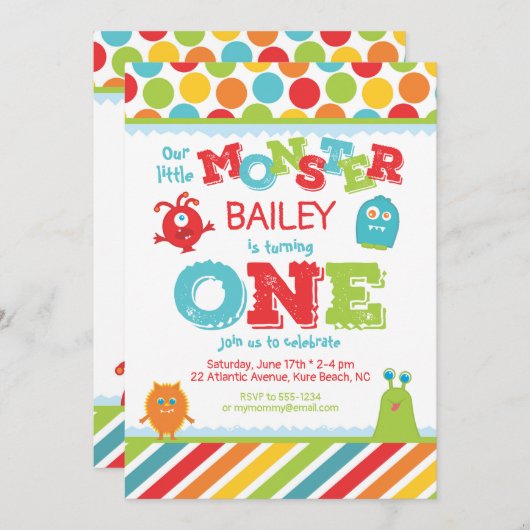 Invitation Little Monster 1er premier anniversaire (Devant / Derrière)