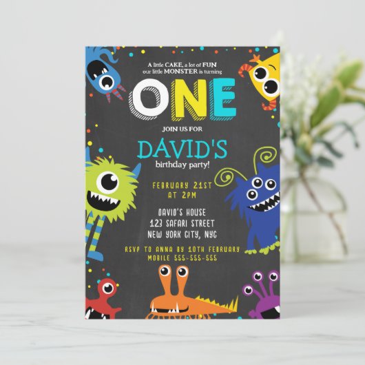 Invitation Little Monster Anniversaire de la fête Chalk 1er A (Debout devant)