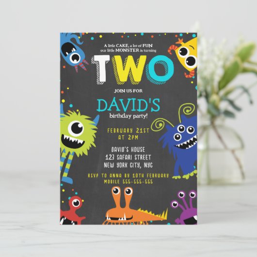 Invitation Little Monster Anniversaire Party Chalk 2e Anniver (Debout devant)