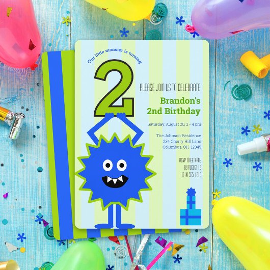 Invitation Little Monster Boy 2e anniversaire Blue Green Stri