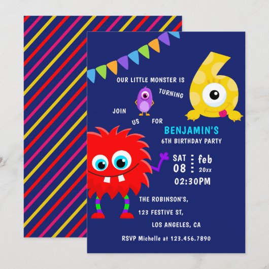 Invitation Little Monster Boy 6e fête d'anniversaire (Devant / Derrière)