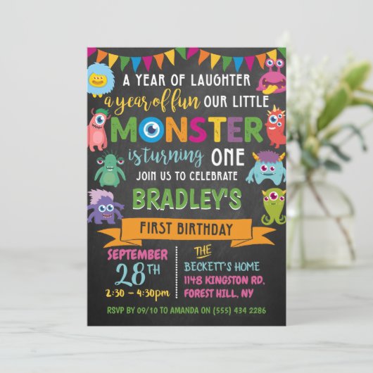 Invitation Little Monster Chalkboard 1er anniversaire (Debout devant)