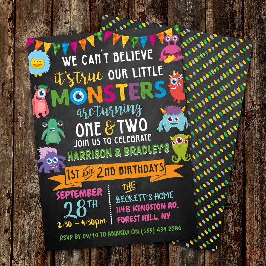 Invitation Little Monster Chalkboard 1er et 2e anniversaire c