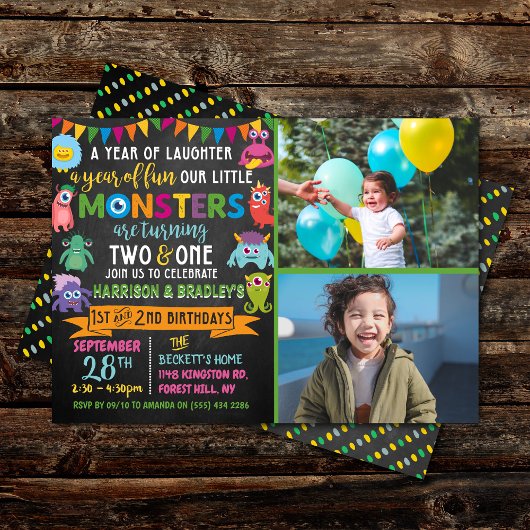 Invitation Little Monster Chalkboard 1er et 2e anniversaire c
