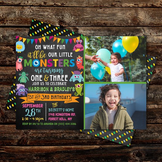 Invitation Little Monster Chalkboard 1er et 3e anniversaire c