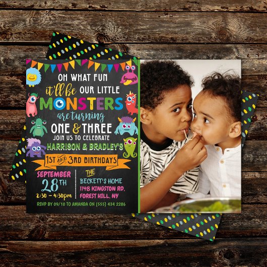 Invitation Little Monster Chalkboard 1er et 3e anniversaire c