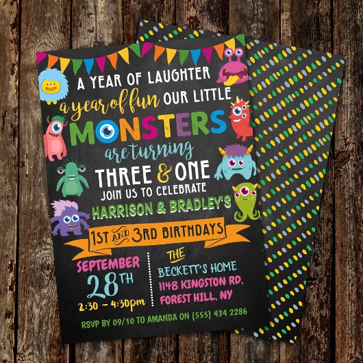 Invitation Little Monster Chalkboard 1er et 3e anniversaire c