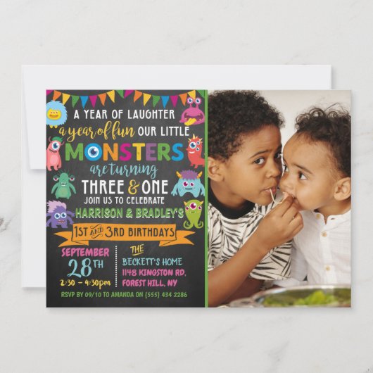 Invitation Little Monster Chalkboard 1er et 3e anniversaire c (Devant)
