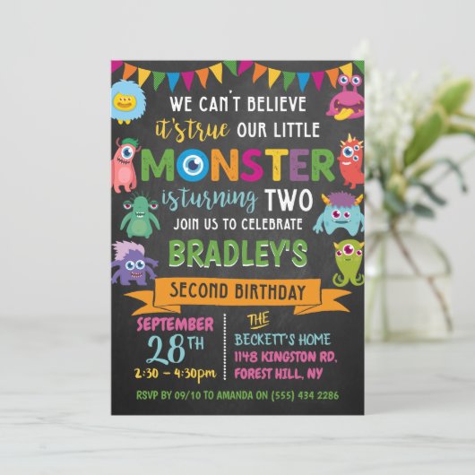 Invitation Little Monster Chalkboard 2e anniversaire (Debout devant)