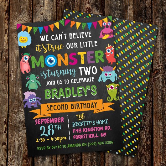 Invitation Little Monster Chalkboard 2e anniversaire