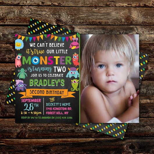 Invitation Little Monster Chalkboard 2e anniversaire Photo