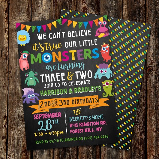 Invitation Little Monster Chalkboard 2e et 3e anniversaire co