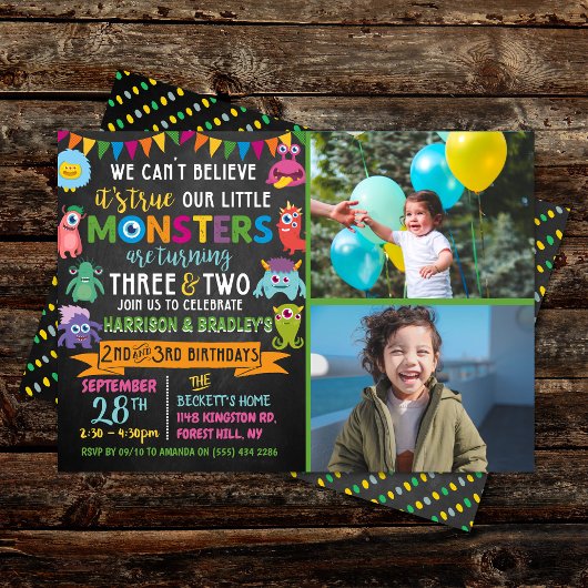 Invitation Little Monster Chalkboard 2e et 3e anniversaire co