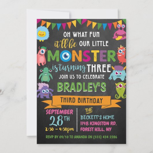 Invitation Little Monster Chalkboard 3e anniversaire (Devant)