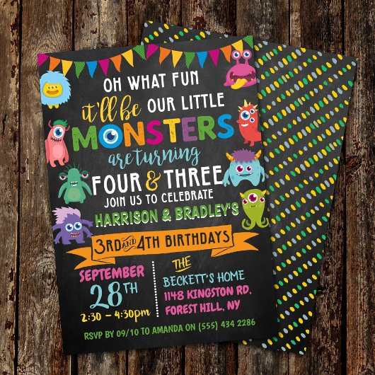 Invitation Little Monster Chalkboard 3e et 4e anniversaire co