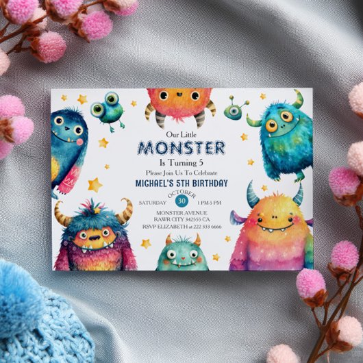 Invitation Little Monster Watercolor Fête d'anniversaire pour