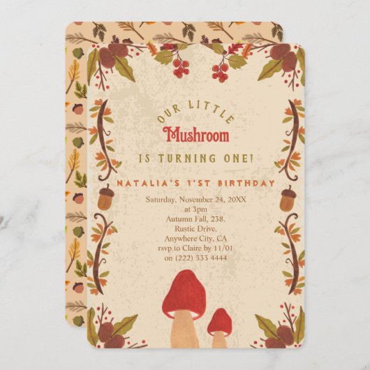 Invitation Little Mushroom Automne 1er anniversaire (Devant / Derrière)