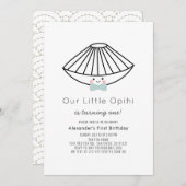 Invitation Little Opihi Blue Bow Cravate Garçon 1er anniversa (Devant / Derrière)