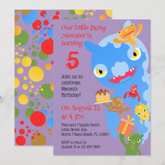 Invitation Little Party Monster and confetti Anniversaire Par (Devant / Derrière)
