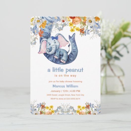 Invitation Little Peanut Blue Elephant Floral Baby Shower (Debout devant)
