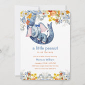Invitation Little Peanut Blue Elephant Floral Baby Shower (Devant)