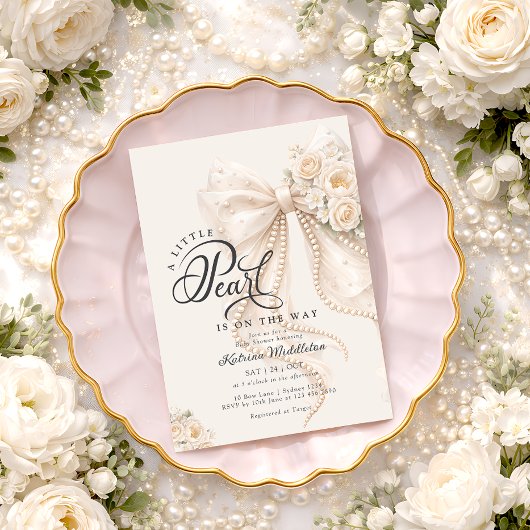 Invitation Little Pearl Bow Floral Baby Shower