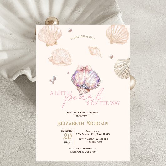 Invitation Little Pearl Diamonds Seashells Beige Baby Shower