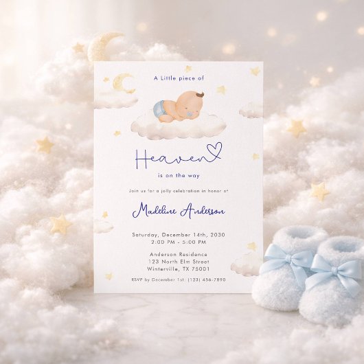 Invitation Little Piece of Heaven Moon Cloud Baby Boy Shower