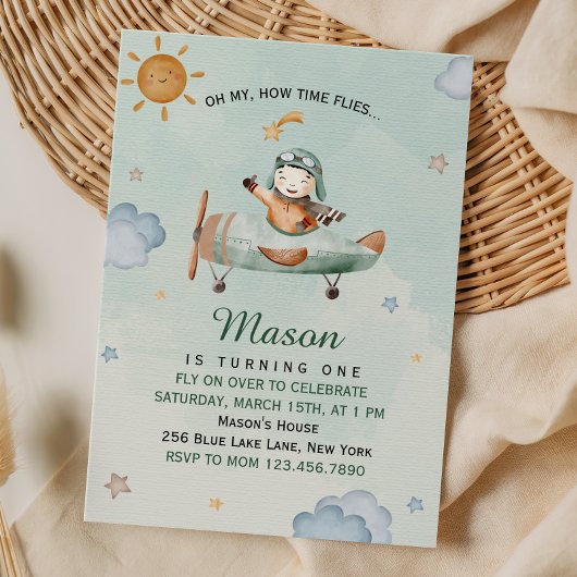 Invitation Little Pilot Airplane Green Sky First Birthday